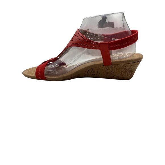 Alfani Size 10 Red T-Strap Wedge Sandals Perforated Design Faux Cork Heel - Picture 4 of 7